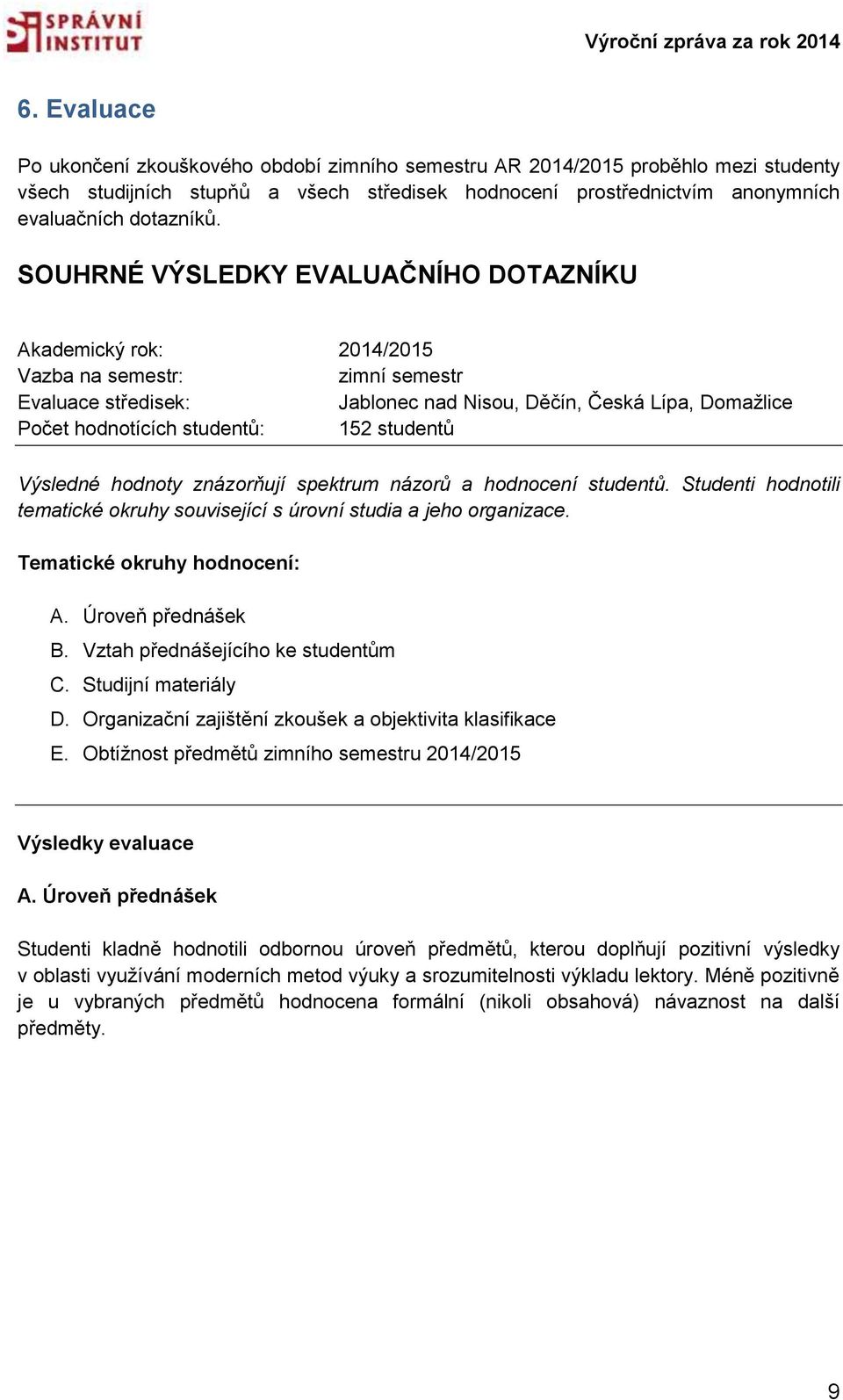 studentů Výsledné hodnoty znázorňují spektrum názorů a hodnocení studentů. Studenti hodnotili tematické okruhy související s úrovní studia a jeho organizace. Tematické okruhy hodnocení: A.