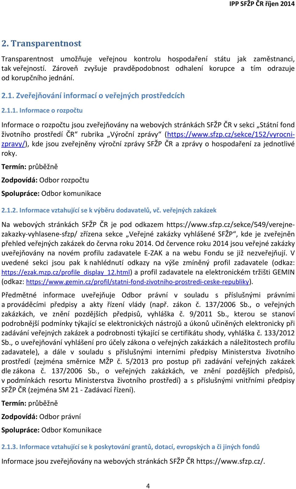 sfzp.cz/sekce/152/vyrocnizpravy/), kde jsou zveřejněny výroční zprávy SFŽP ČR a zprávy o hospodaření za jednotlivé roky. Zodpovídá: Odbor rozpočtu 2.1.2. Informace vztahující se k výběru dodavatelů, vč.