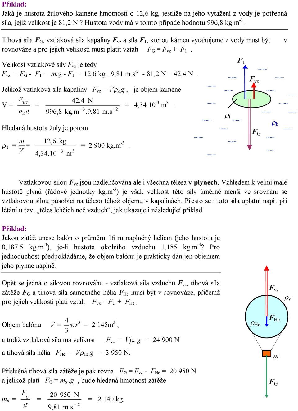 v Velikost vztlakové síly F vz je tedy F vz = F G - F 1 = m.g - F 1 = 12,6 kg. 9,81 m.s -2-81,2 N = 42,4 N.