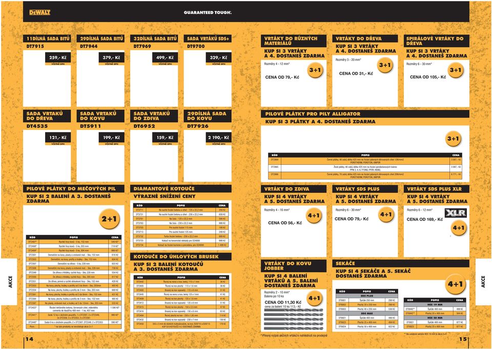 DOSTANEŠ ZDARMA Rozměry 6-30 mm* CENA OD 105,- Kč 31 SADA VRTAKŮ DO DŘEVA DT4535 SADA VRTAKŮ DO KOVU DT5911 SADA VRTAKŮ DO ZDIVA DT6952 29DÍLNÁ SADA DO KOVU DT7926 PILOVÉ PLÁTKY PRO PILY ALLIGATOR