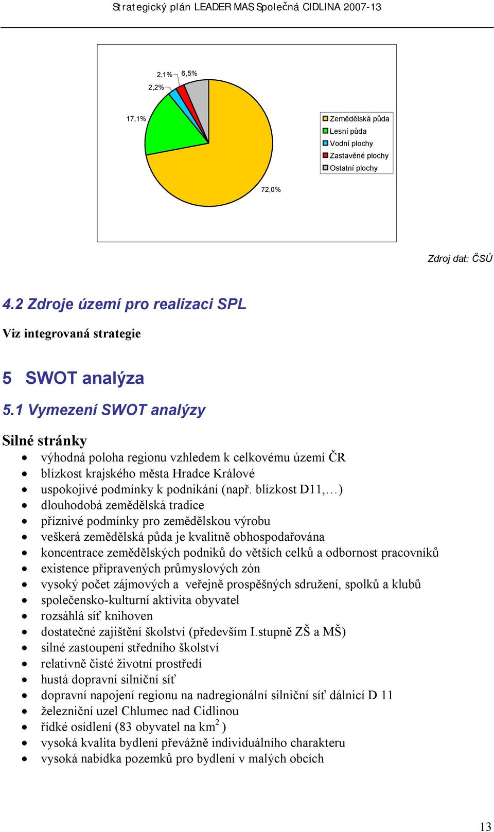 1 Vymezení SWOT analýzy Silné stránky výhodná poloha regionu vzhledem k celkovému území ČR blízkost krajského města Hradce Králové uspokojivé podmínky k podnikání (např.