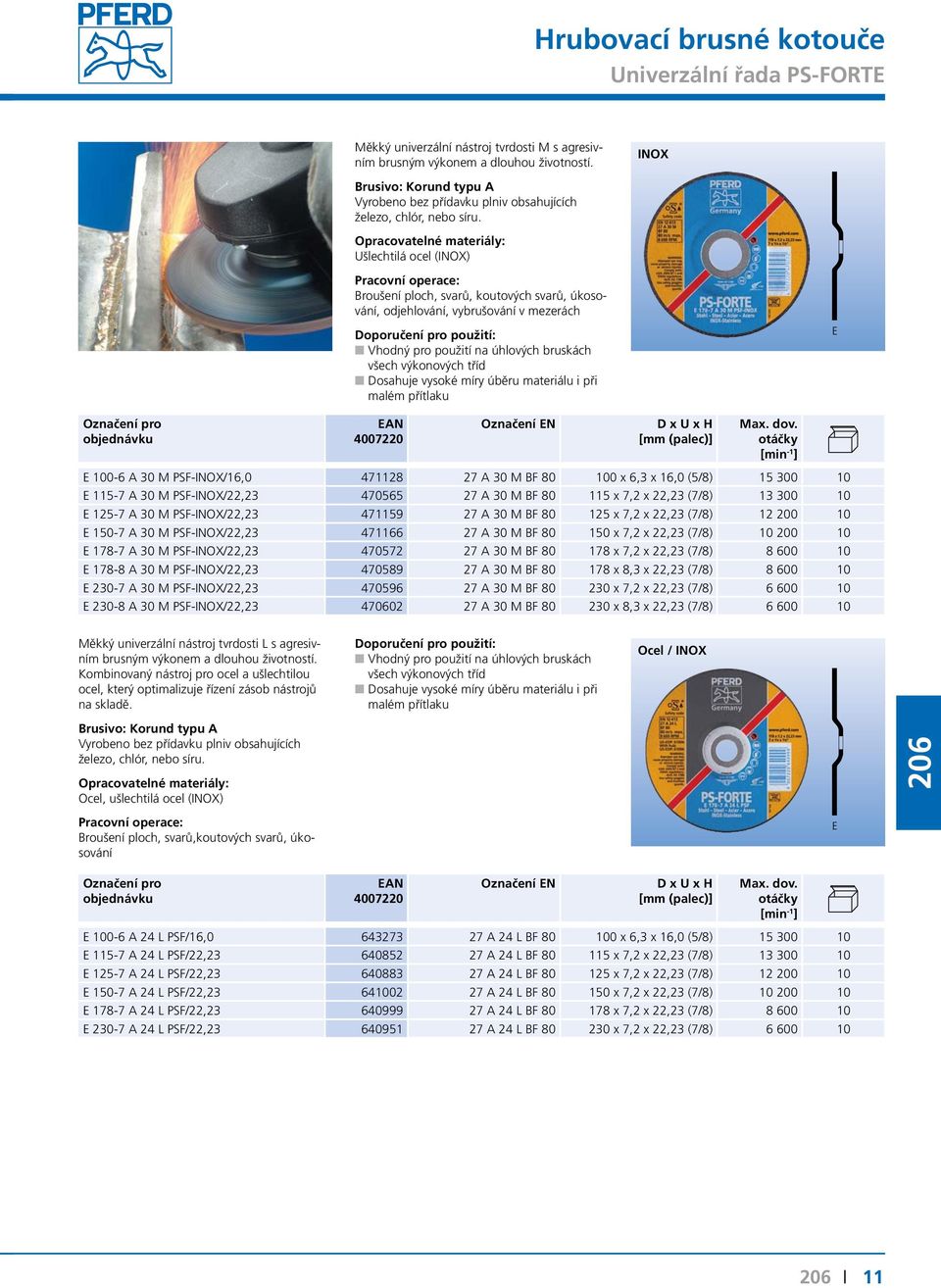 Ušlechtilá ocel (INOX) Broušení ploch, svarů, koutových svarů, úkosování, odjehlování, vybrušování v mezerách Vhodný pro použití na úhlových bruskách všech výkonových tříd Dosahuje vysoké míry úběru