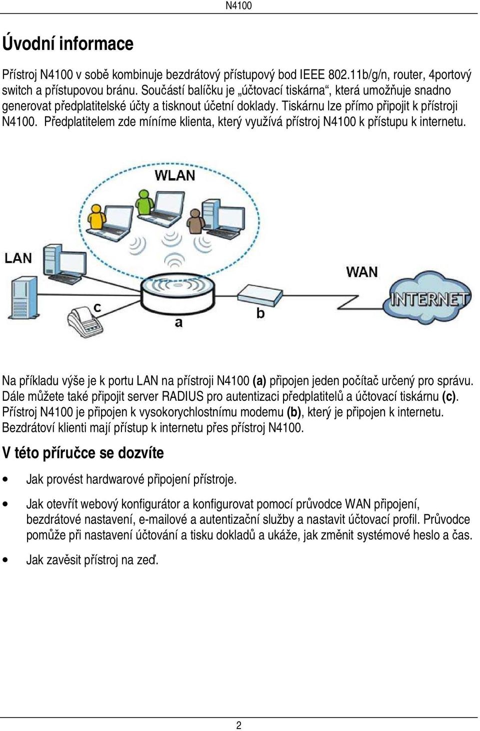 Předplatitelem zde míníme klienta, který využívá přístroj N4100 k přístupu k internetu. Na příkladu výše je k portu LAN na přístroji N4100 (a) připojen jeden počítač určený pro správu.