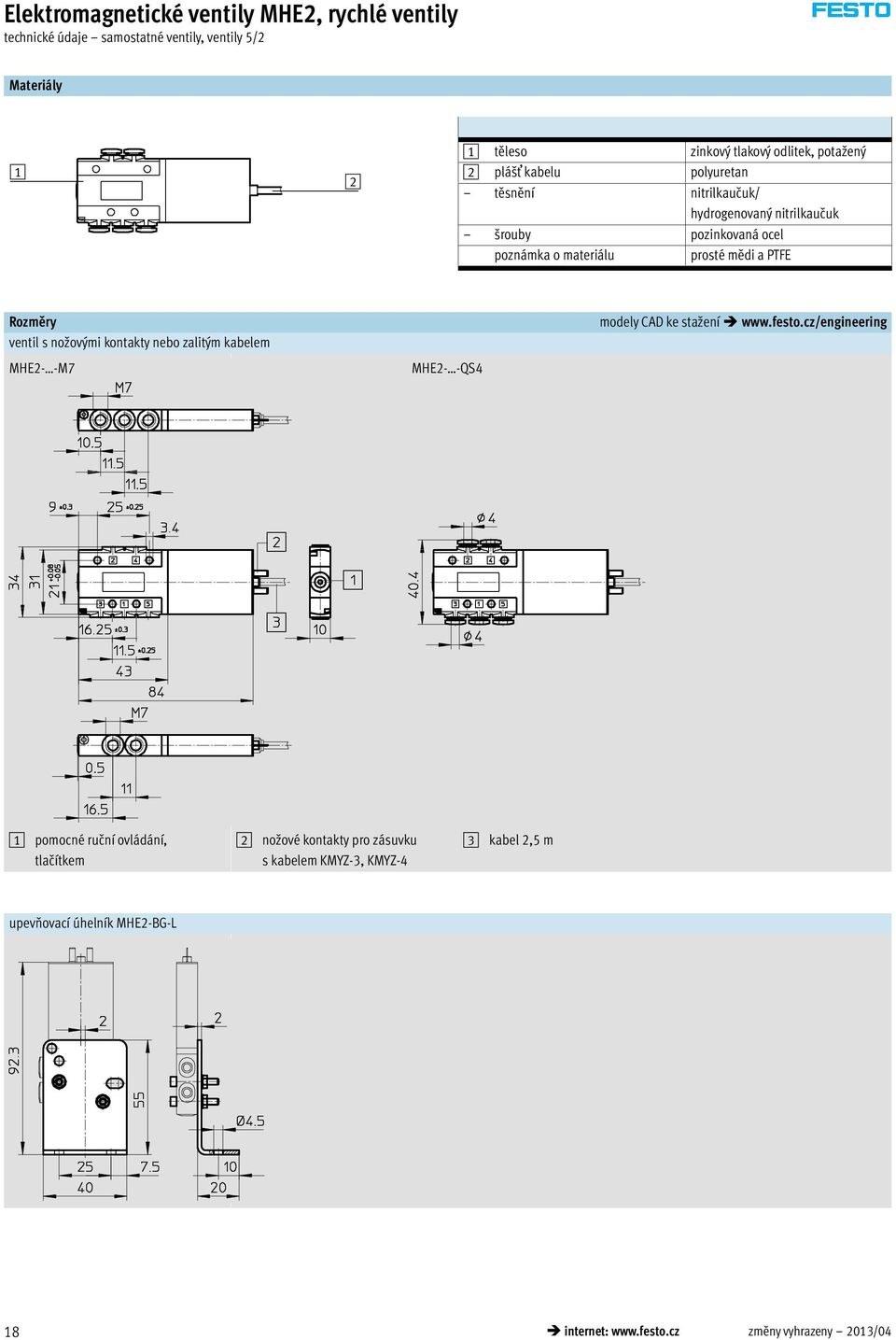 Rozměry ventil s no ovými kontakty nebo zalitým kabelem MHE2- -M7 MHE2- -QS4 modely CAD ke stažení www.festo.