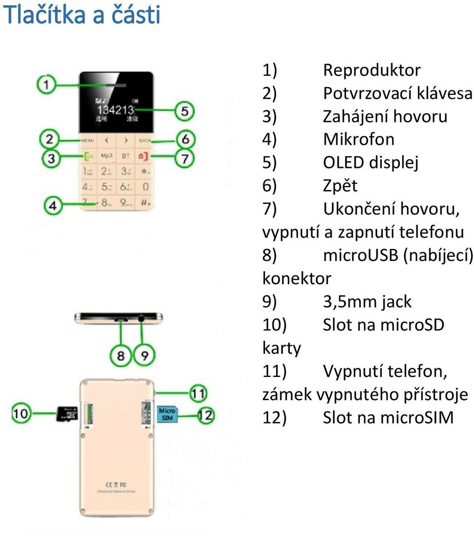 telefonu 8) microusb (nabíjecí) konektor 9) 3,5mm jack 10) Slot na