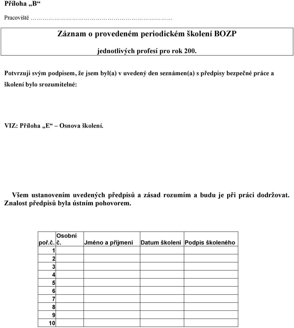 srozumitelné: VIZ: Příloha E Osnova školení.