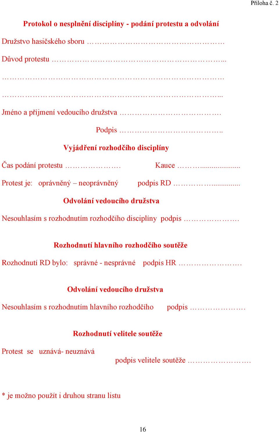 .. Odvolání vedoucího družstva Nesouhlasím s rozhodnutím rozhodčího disciplíny podpis.