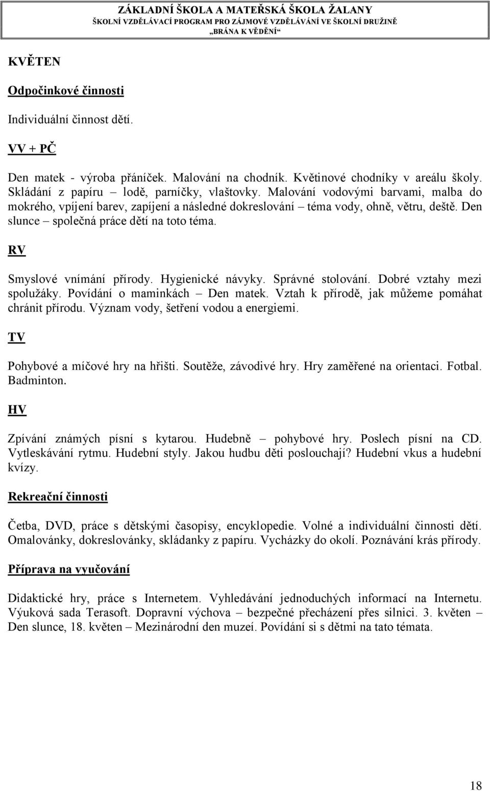 Hygienické návyky. Správné stolování. Dobré vztahy mezi spolužáky. Povídání o maminkách Den matek. Vztah k přírodě, jak můžeme pomáhat chránit přírodu. Význam vody, šetření vodou a energiemi.