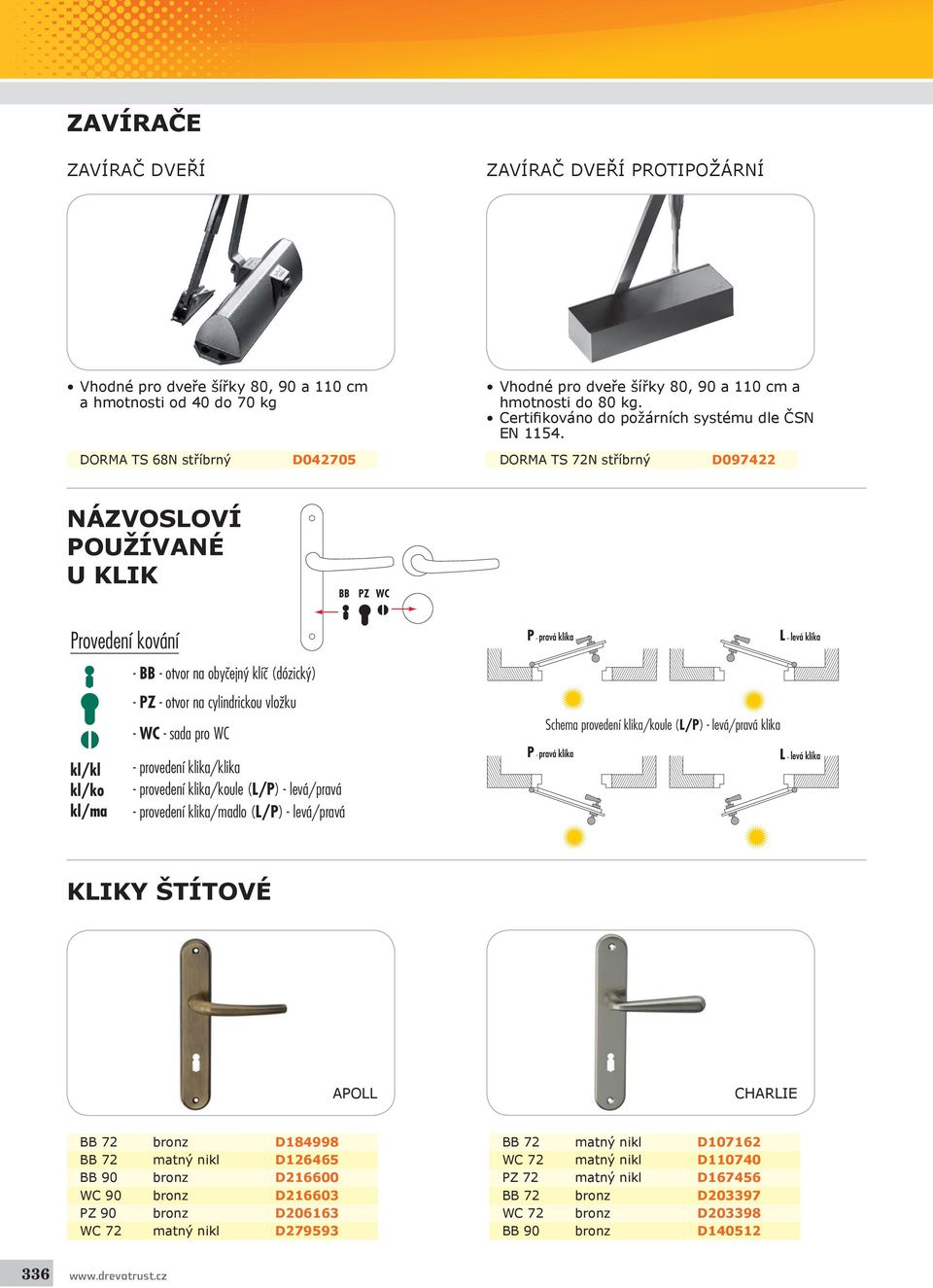 DORMA TS 68N stříbrný D042705 DORMA TS 72N stříbrný D097422 NÁZVOSLOVÍ POUŽÍVANÉ U KLIK BB PZ WC Provedení kování - BB - otvor na obyãejn klíã (dózick ) - PZ - otvor na cylindrickou vloïku - WC -