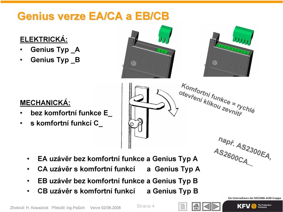 AS2300EA, EA uzávěr bez komfortní funkce a Genius Typ A CA uzávěr s komfortní funkcí a Genius Typ A AS2600CA.