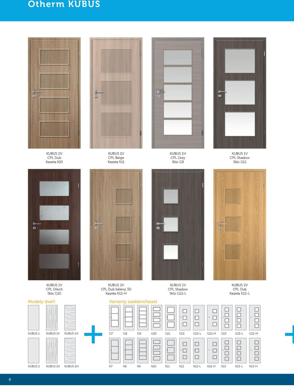 G12-L KUBUS 2V CPL Dub Kazeta K12-L Modely dveří Varianty zasklení/kazet KUBUS 1 KUBUS 1V KUBUS 1H G7 G8 G9
