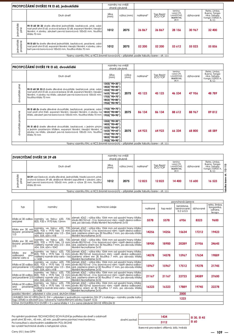 pevná borovicová 100x55 mm, tloušťka křídla 70 mm 1012 2075 26 867 26 867 28 156 30 967 32 400 jednokřídlé prosklené FR EI 60-1s dveře dřevěné jednokřídlé, bezfalcové, prosklené, odolnost proti ohni