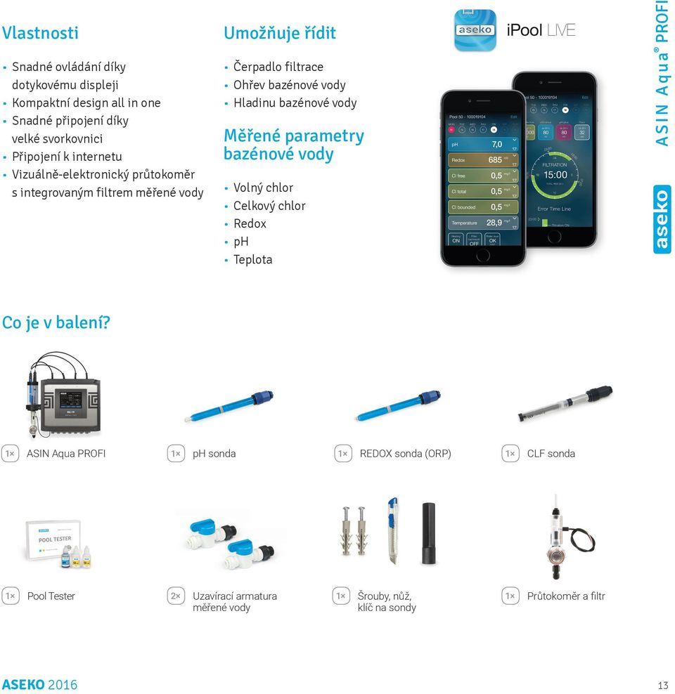 Hladinu bazénové vody Měřené parametry bazénové vody Volný chlor Celkový chlor Redox ph Teplota Co je v balení?