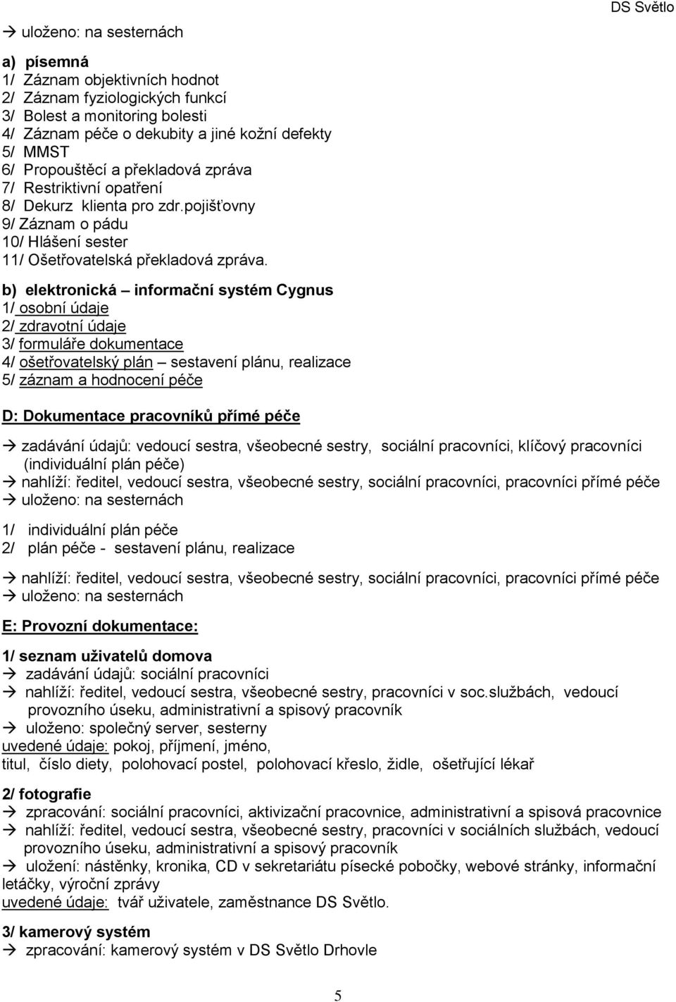 b) elektronická informační systém Cygnus 1/ osobní údaje 2/ zdravotní údaje 3/ formuláře dokumentace 4/ ošetřovatelský plán sestavení plánu, realizace 5/ záznam a hodnocení péče D: Dokumentace