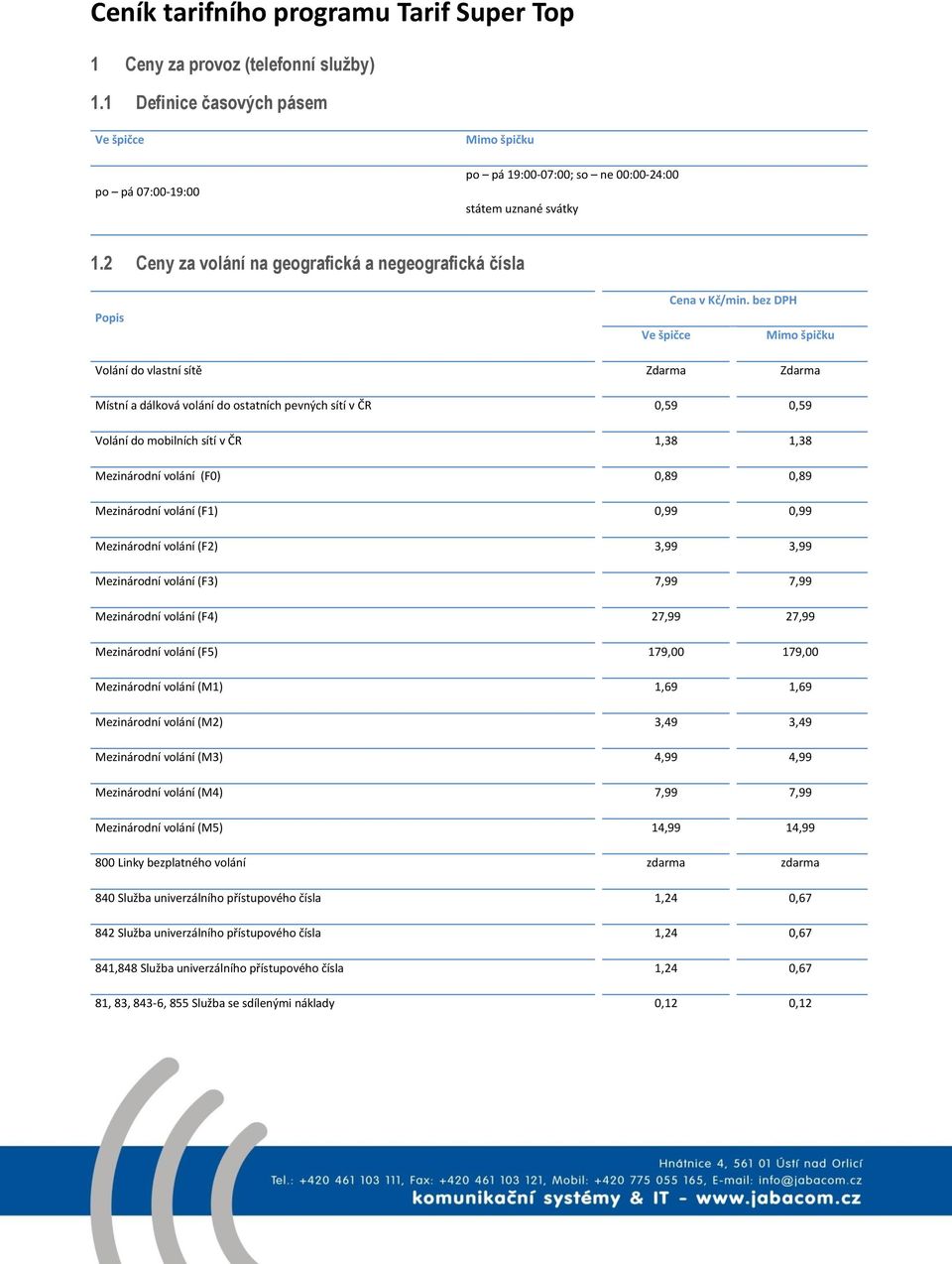bez DPH Volání do vlastní sítě Zdarma Zdarma Místní a dálková volání do ostatních pevných sítí v ČR 0,59 0,59 Volání do mobilních sítí v ČR 1,38 1,38 Mezinárodní volání (F0) 0,89 0,89 Mezinárodní