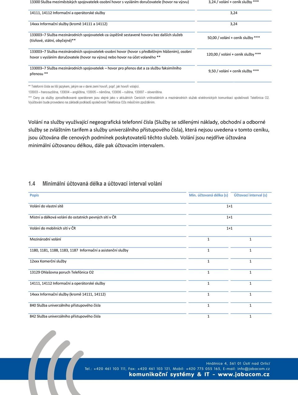 spojovatelek-osobní hovor (hovor s předběžným hlášením), osobní hovor s vysláním doručovatele (hovor na výzvu) nebo hovor na účet volaného ** 133003 7 Služba mezinárodních spojovatelek hovor pro