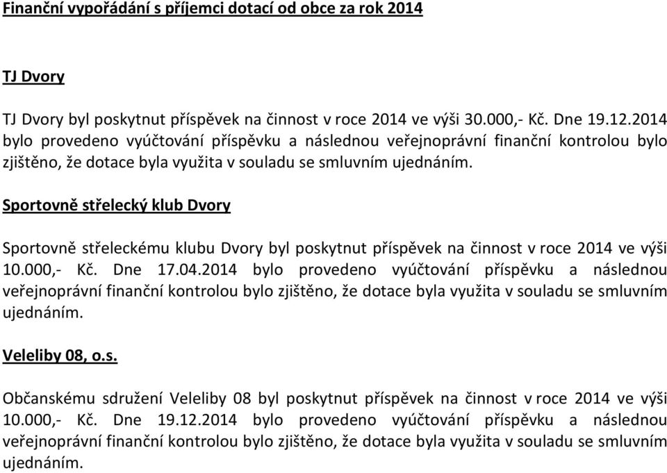 Sportovně střelecký klub Dvory Sportovně střeleckému klubu Dvory byl poskytnut příspěvek na činnost v roce 2014 ve výši 10.000,- Kč. Dne 17.04. Veleliby 08, o.s. Občanskému sdružení Veleliby 08 byl poskytnut příspěvek na činnost v roce 2014 ve výši 10.