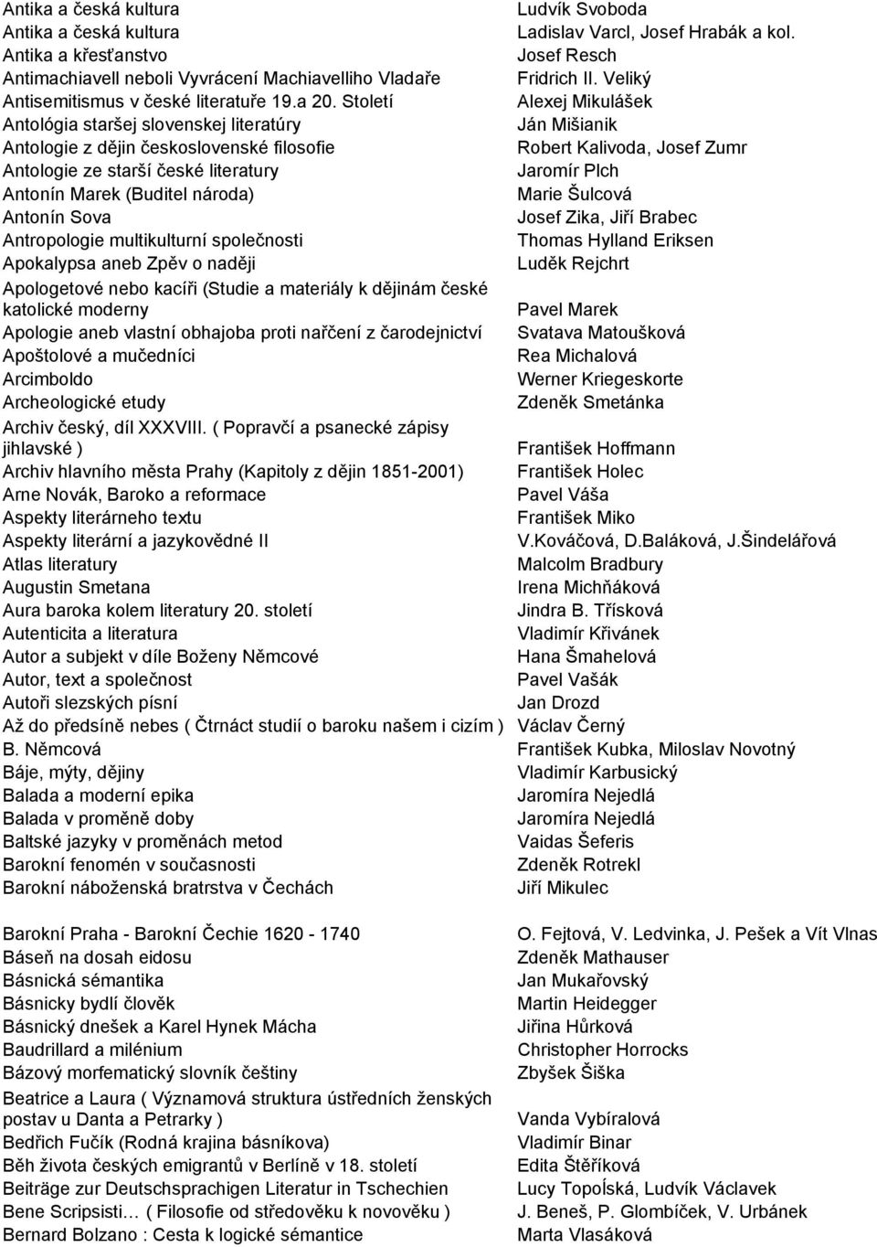 Století Alexej Mikulášek Antológia staršej slovenskej literatúry Ján Mišianik Antologie z dějin československé filosofie Robert Kalivoda, Josef Zumr Antologie ze starší české literatury Jaromír Plch