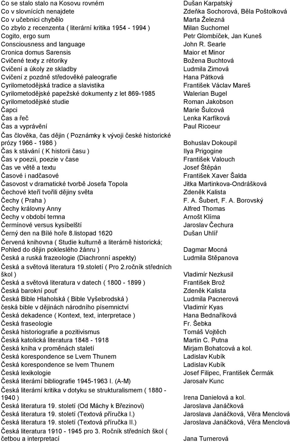 Searle Cronica domus Sarensis Maior et Minor Cvičené texty z rétoriky Božena Buchtová Cvičení a úkoly ze skladby Ludmila Zimová Cvičení z pozdně středověké paleografie Hana Pátková Cyrilometodějská