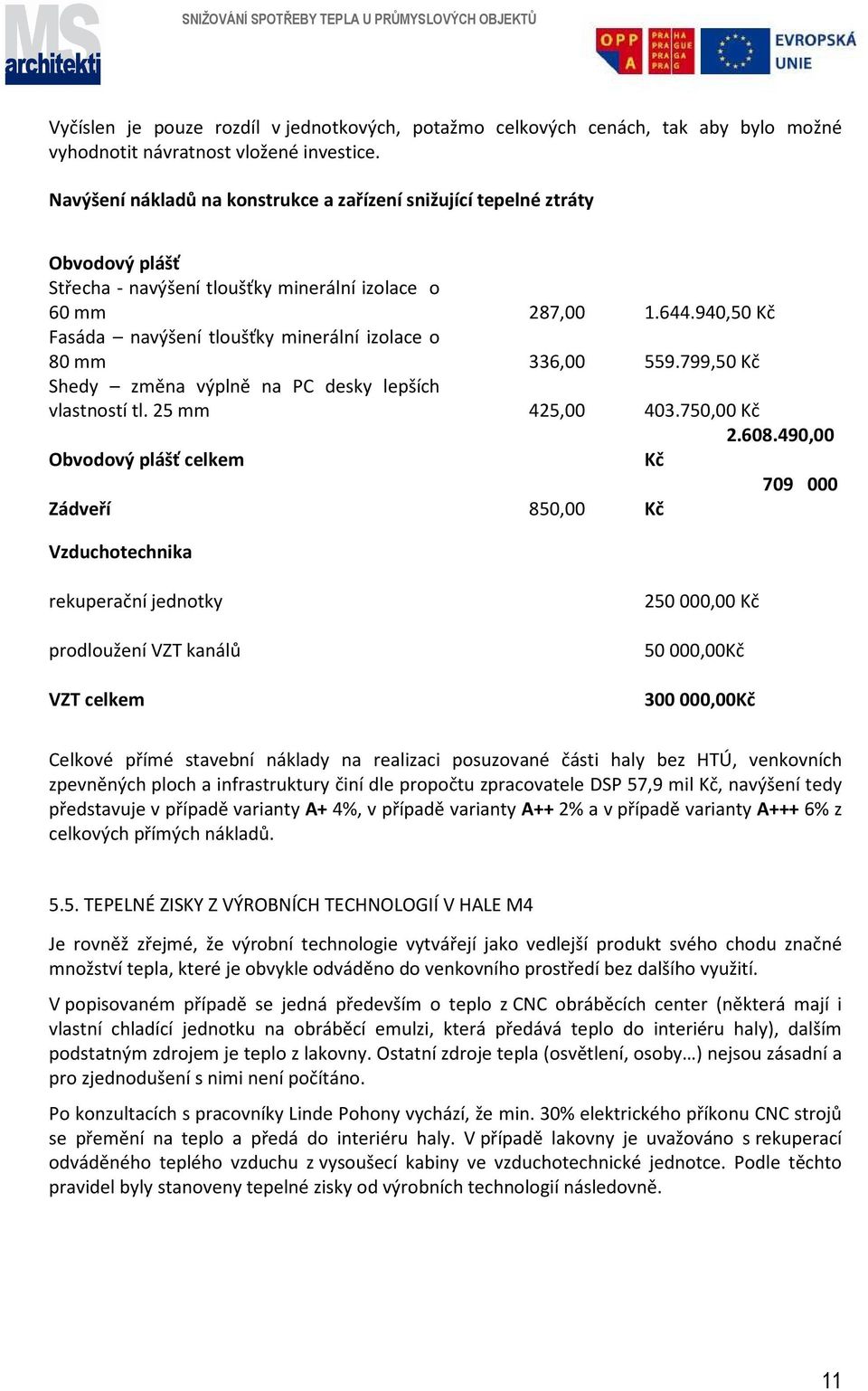 940,50 Kč Fasáda navýšení tloušťky minerální izolace o 80 mm 336,00 559.799,50 Kč Shedy změna výplně na PC desky lepších vlastností tl. 25 mm 425,00 403.750,00 Kč Obvodový plášť celkem 2.608.