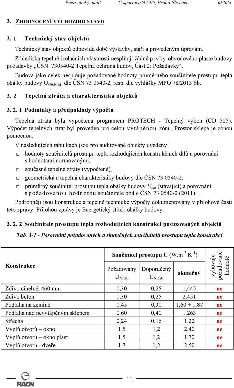 Budova jako celek nesplňuje požadované hodnoty průměrného součinitele prostupu tepla obálky budovy U em,n,rq dle ČSN 73 0540-2, resp. dle vyhlášky MPO 78/2013 Sb.. 3.