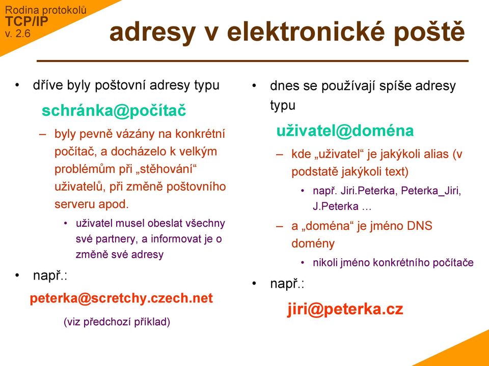 uživatel musel obeslat všechny své partnery, a informovat je o změně své adresy např.: peterka@scretchy.czech.