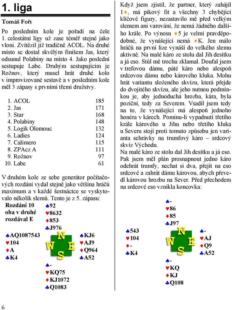 Druhým sestupujícím je Rožnov, který musel hrát druhé kolo v improvizované sestavě a v posledním kole měl 3 zápasy s prvními třemi družstvy. 1. ACOL 185 2. Jas 171 3. Star 168 4. Polabiny 148 5.