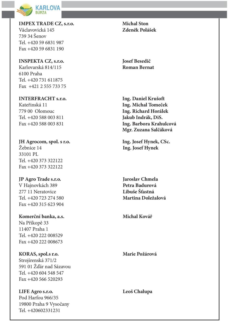 Richard Horálek Tel. +420 588 003 811 Jakub Indrák, DiS. Fax +420 588 003 831 Ing. Barbora Krahulcová Mgr. Zuzana Salčáková JH Agrocom, spol. s r.o. Žebnice 14 33101 PL Tel.