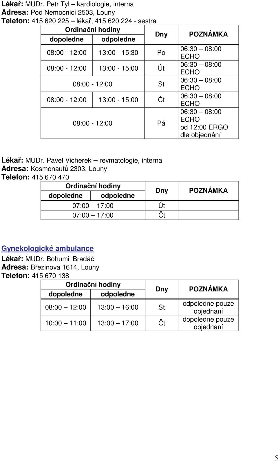 08:00-12:00 St 08:00-12:00 13:00-15:00 Čt 08:00-12:00 Pá 06:30 08:00 ECHO 06:30 08:00 ECHO 06:30 08:00 ECHO 06:30 08:00 ECHO 06:30 08:00 ECHO od 12:00 ERGO dle objednání 