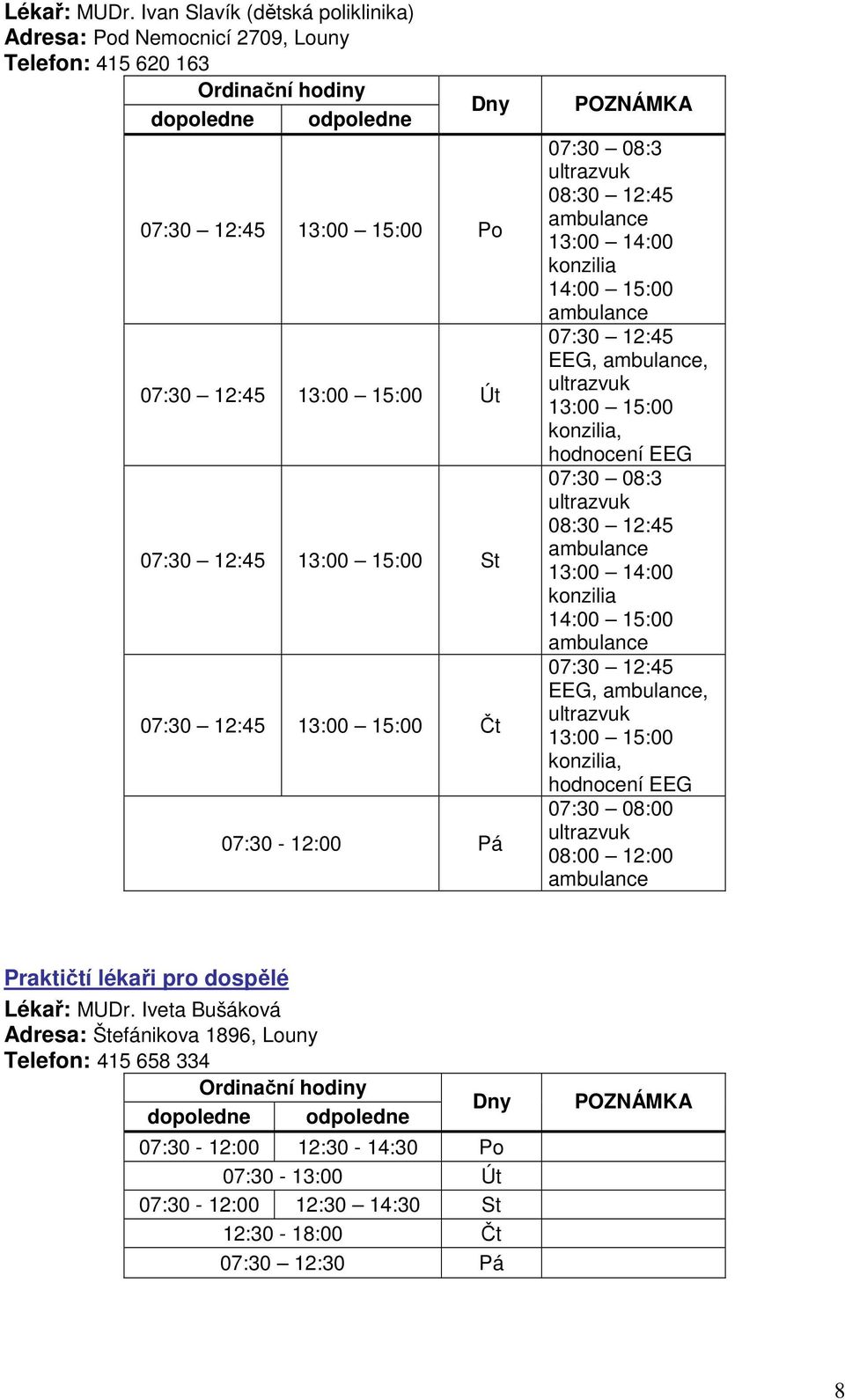 07:30-12:00 Pá 07:30 08:3 ultrazvuk 08:30 12:45 ambulance 13:00 14:00 konzilia 14:00 15:00 ambulance 07:30 12:45 EEG, ambulance, ultrazvuk 13:00 15:00 konzilia, hodnocení EEG 07:30 08:3 ultrazvuk