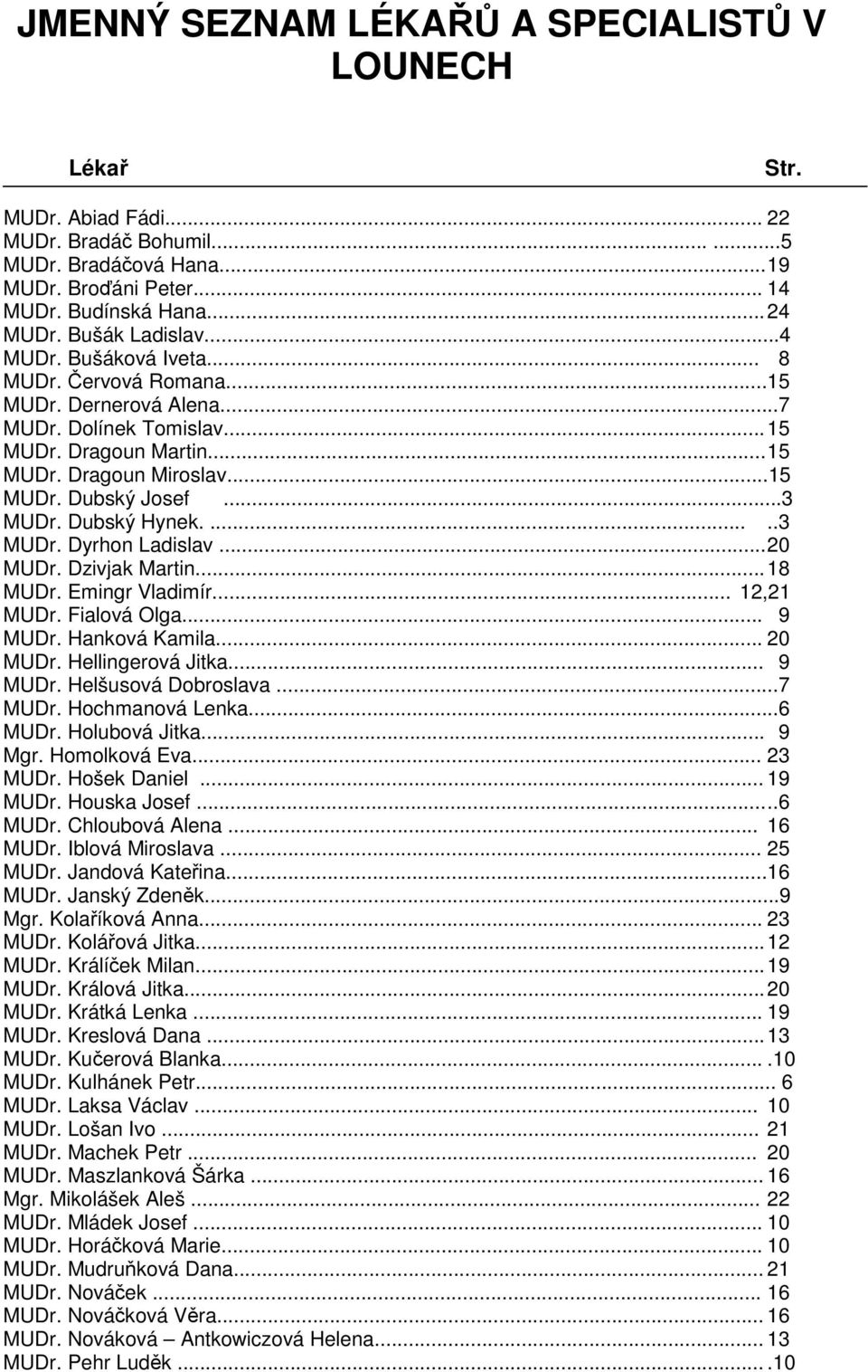 ..3 MUDr. Dubský Hynek......3 MUDr. Dyrhon Ladislav... 20 MUDr. Dzivjak Martin... 18 MUDr. Emingr Vladimír... 12,21 MUDr. Fialová Olga... 9 MUDr. Hanková Kamila... 20 MUDr. Hellingerová Jitka... 9 MUDr. Helšusová Dobroslava.