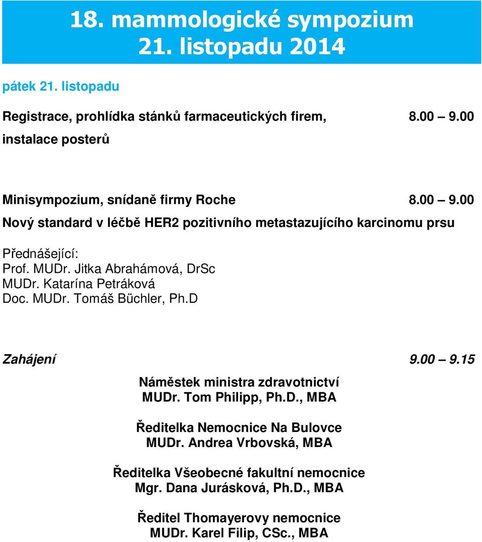 Jitka Abrahámová, DrSc MUDr. Katarína Petráková Doc. MUDr. Tomáš Büchler, Ph.D Zahájení 9.00 9.15 Náměstek ministra zdravotnictví MUDr. Tom Philipp, Ph.D., MBA Ředitelka Nemocnice Na Bulovce MUDr.