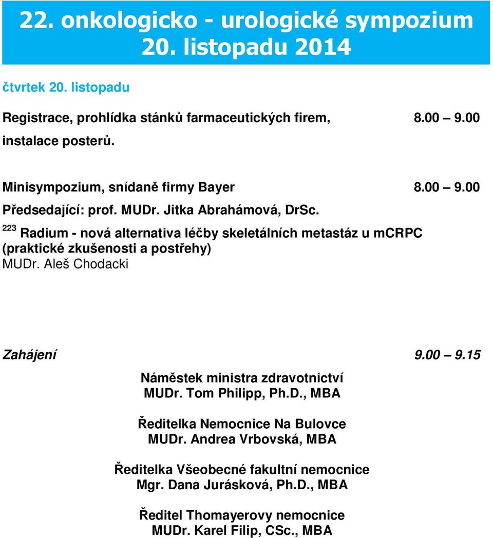 223 Radium - nová alternativa léčby skeletálních metastáz u mcrpc (praktické zkušenosti a postřehy) MUDr. Aleš Chodacki Zahájení 9.00 9.