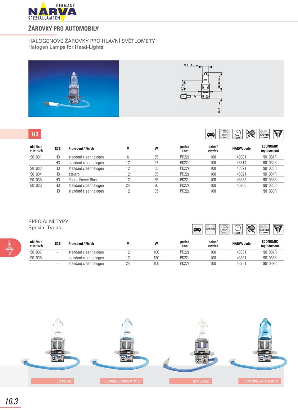 901036 H3 standard clear halogen 24 70 PK22s 100 48700 901036R H3 standard clear halogen 12 35 PK22s 100 901030R SPECIÁLNÍ TYPY Special Types 901037 - standard clear halogen 12 100 PK22s 100