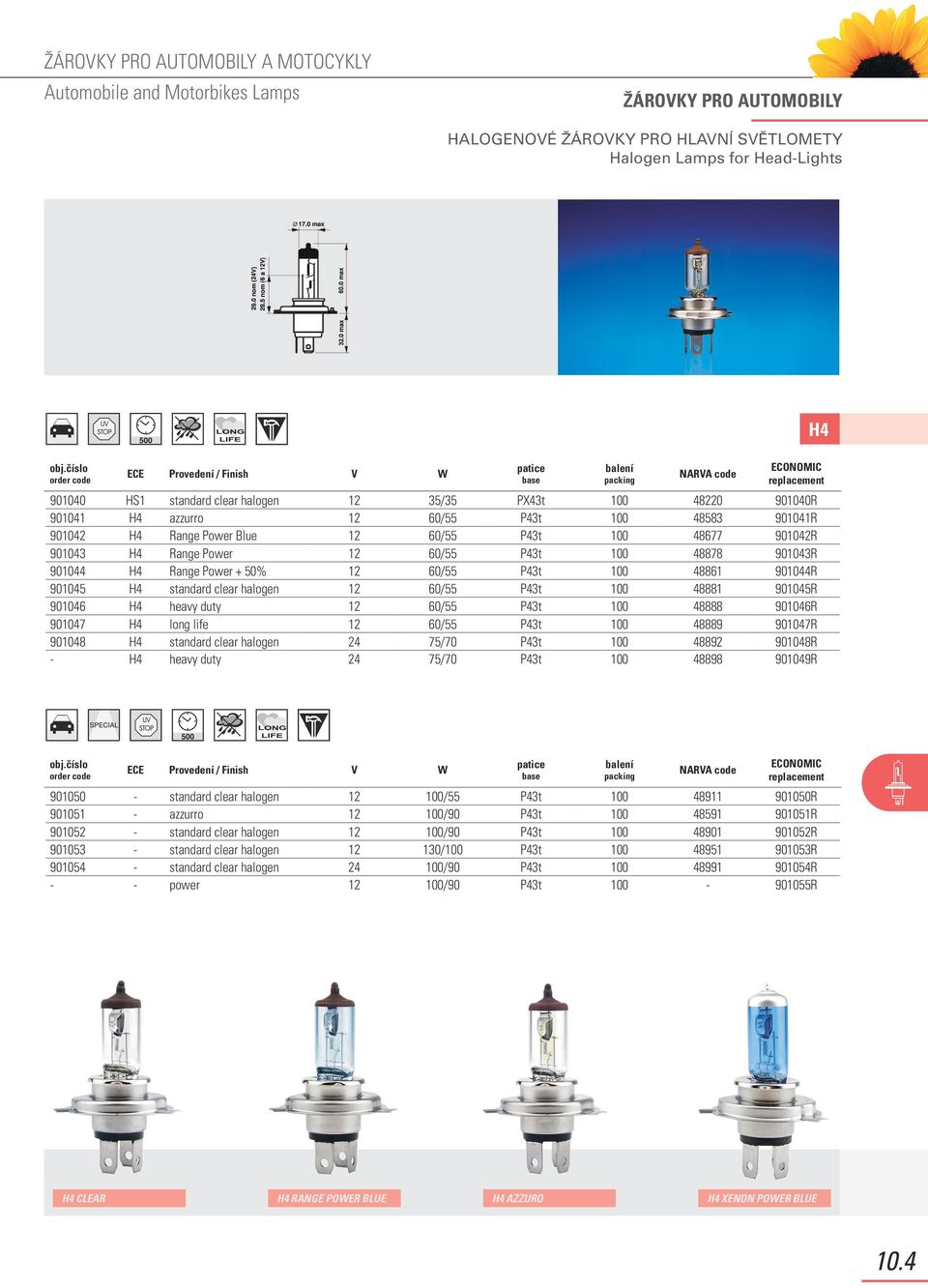 901044 H4 Range Power + 50% 12 60/55 P43t 100 48861 901044R 901045 H4 standard clear halogen 12 60/55 P43t 100 48881 901045R 901046 H4 heavy duty 12 60/55 P43t 100 48888 901046R 901047 H4 long life