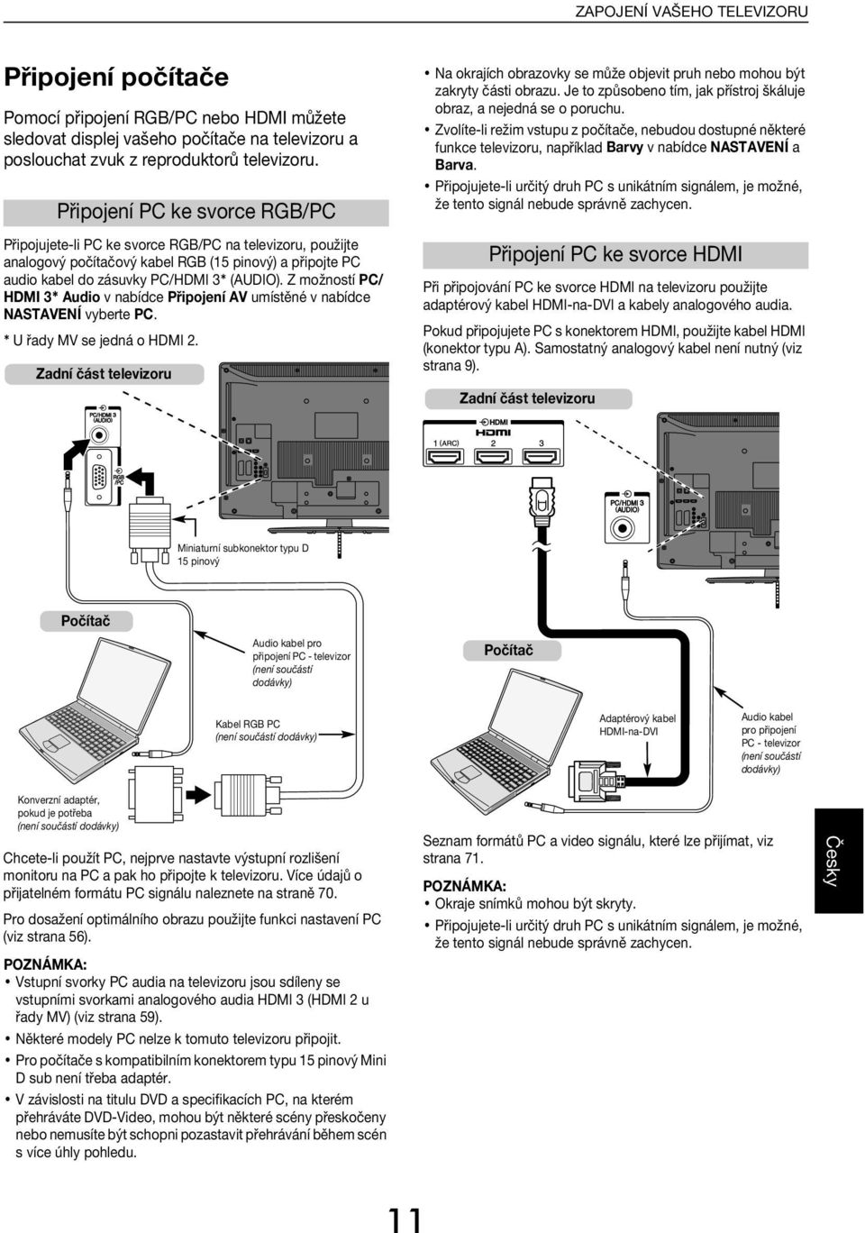 Z možností PC/ HDMI 3* Auio v níe Připojení AV umístěné v níe NASTAVENÍ vyerte PC. * U řy MV se jená o HDMI 2. Zní část televizoru N okrjíh orzovky se může ojevit pruh neo mohou ýt zkryty části orzu.