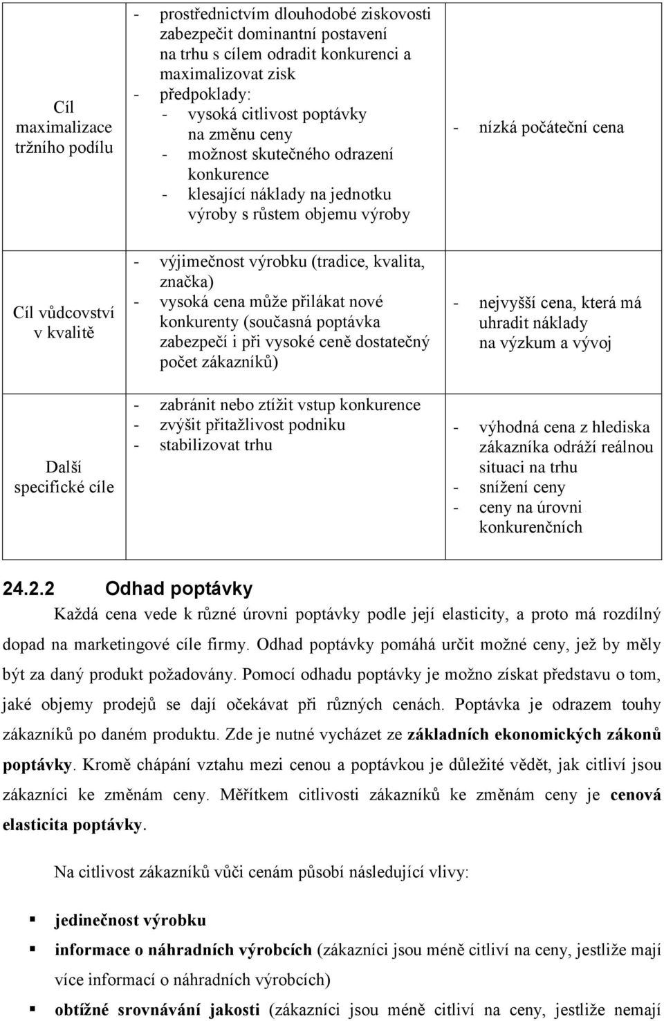 výjimečnost výrobku (tradice, kvalita, značka) - vysoká cena může přilákat nové konkurenty (současná poptávka zabezpečí i při vysoké ceně dostatečný počet zákazníků) - zabránit nebo ztížit vstup