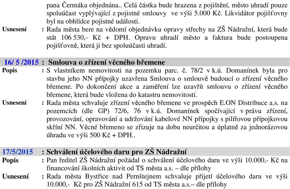 16/ 5 /2015 : Smlouva o zřízení věcného břemene Popis : S vlastníkem nemovitosti na pozemku parc. č. 78/2 v k.ú.