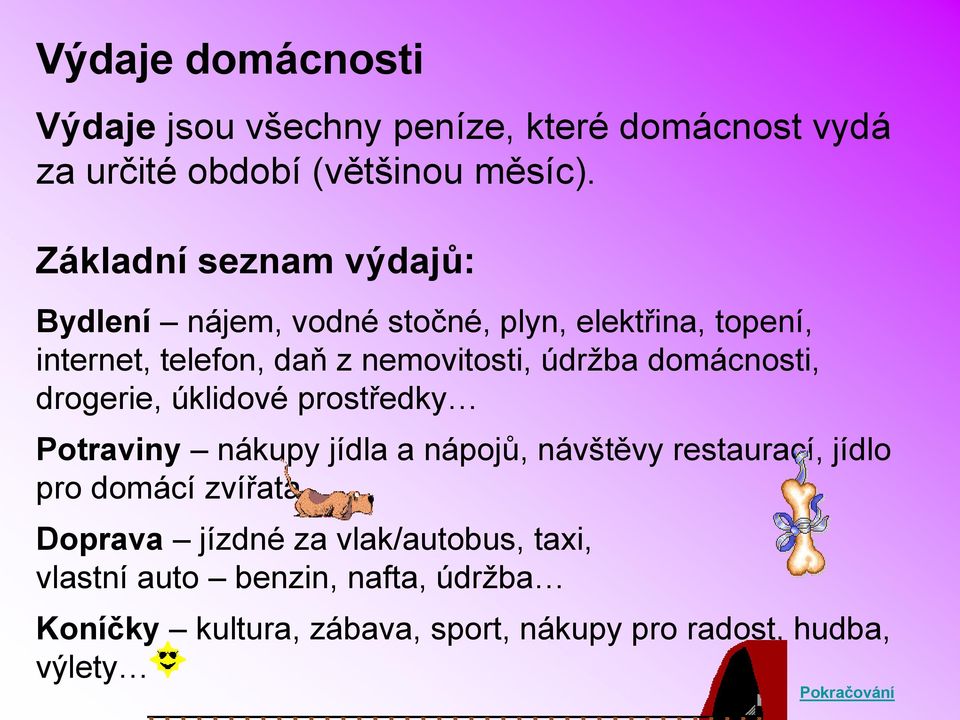 domácnosti, drogerie, úklidové prostředky Potraviny nákupy jídla a nápojů, návštěvy restaurací, jídlo pro domácí zvířata