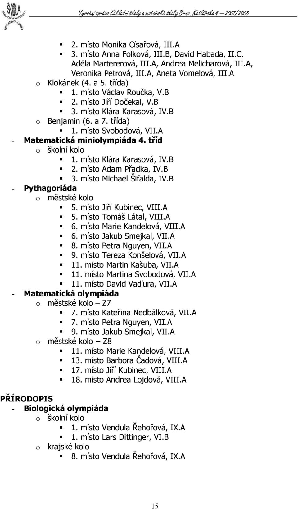 místo Klára Karasová, IV.B 2. místo Adam Přadka, IV.B 3. místo Michael Šifalda, IV.B - Pythagoriáda o městské kolo 5. místo Jiří Kubinec, VIII.A 5. místo Tomáš Látal, VIII.A 6.