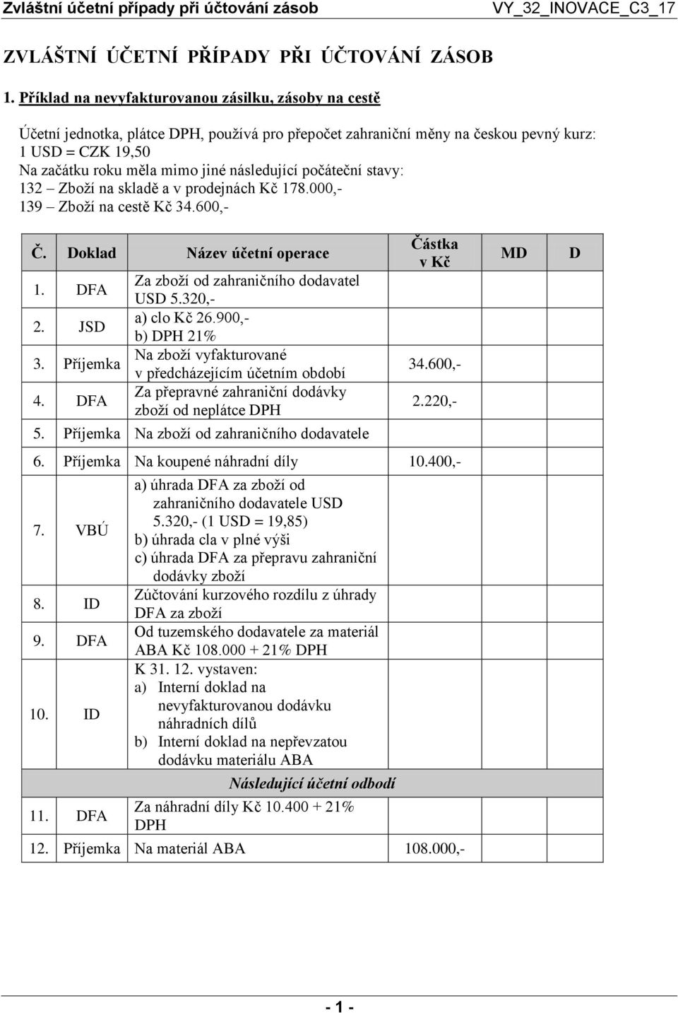 následující počáteční stavy: 132 Zboží na skladě a v prodejnách Kč 178.000,- 139 Zboží na cestě Kč 34.600,- Č. Doklad Název účetní operace 1. DFA 2. JSD 3. Příjemka 4.