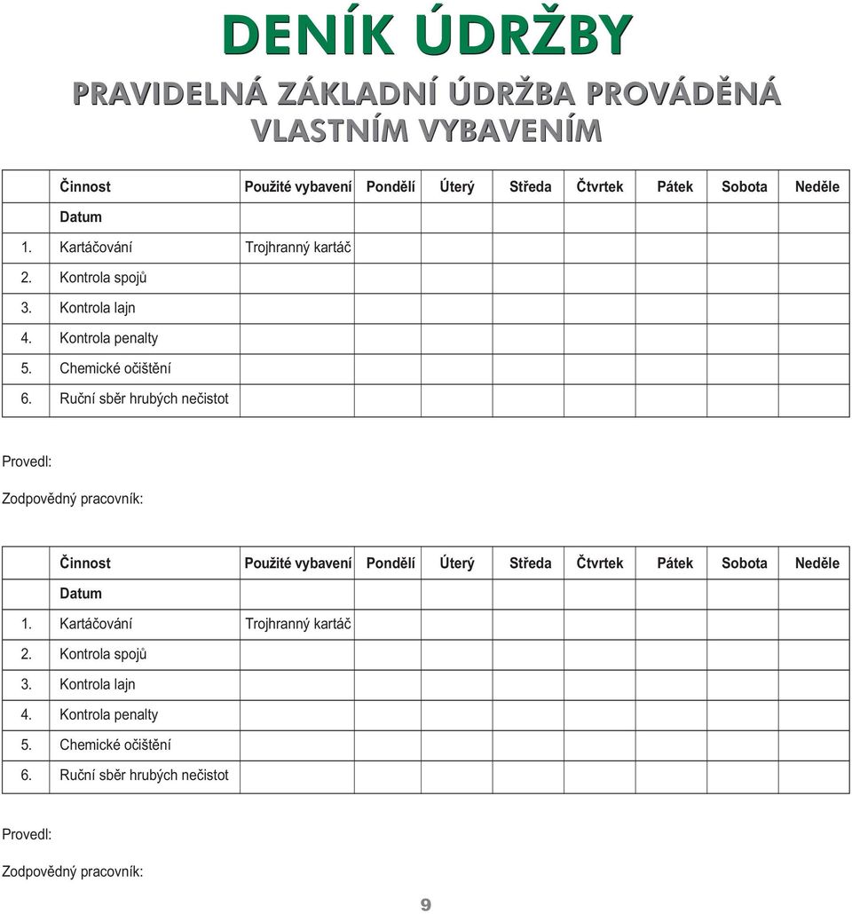 Ruční sběr hrubých nečistot Provedl: Zodpovědný pracovník: Činnost Použité vybavení Pondělí Úterý Středa Čtvrtek Pátek Sobota Neděle  Ruční