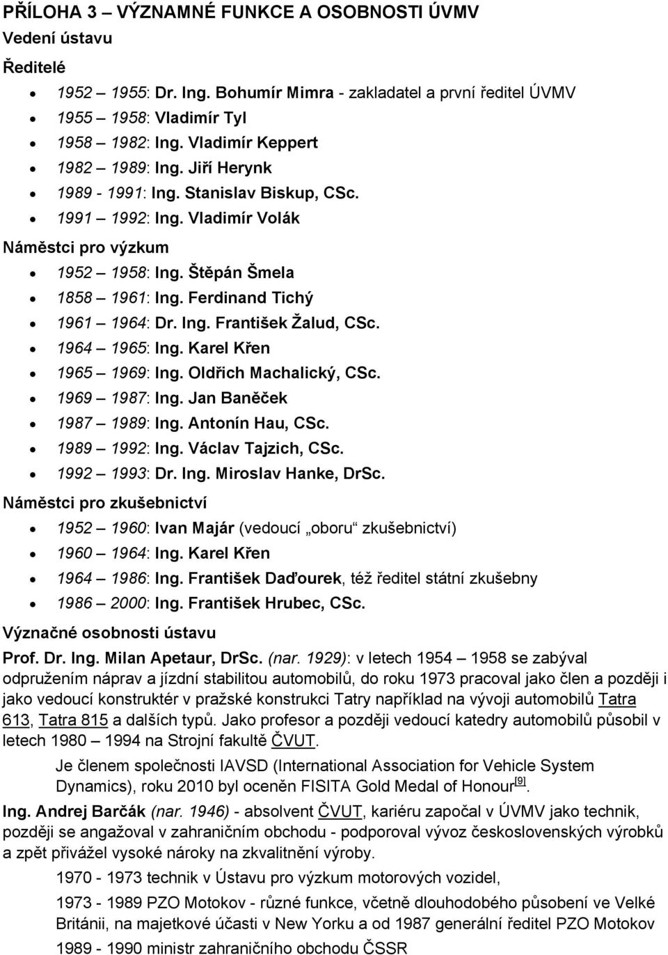 Ferdinand Tichý 1961 1964: Dr. Ing. František Žalud, CSc. 1964 1965: Ing. Karel Křen 1965 1969: Ing. Oldřich Machalický, CSc. 1969 1987: Ing. Jan Baněček 1987 1989: Ing. Antonín Hau, CSc.