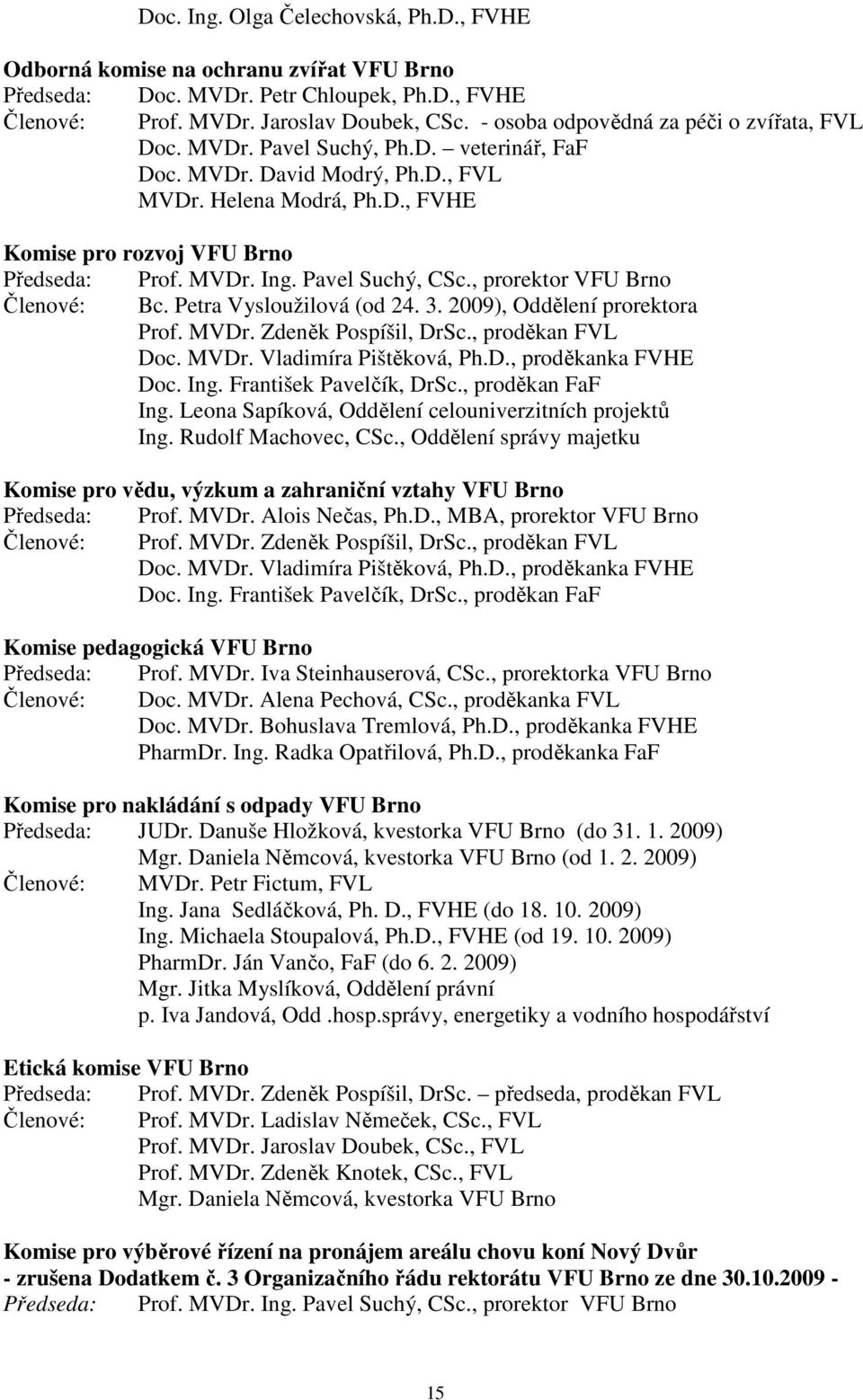 Pavel Suchý, CSc., prorektor VFU Brno Členové: Bc. Petra Vysloužilová (od 24. 3. 2009), Oddělení prorektora Prof. MVDr. Zdeněk Pospíšil, DrSc., proděkan Doc. MVDr. Vladimíra Pištěková, Ph.D., proděkanka FVHE Doc.