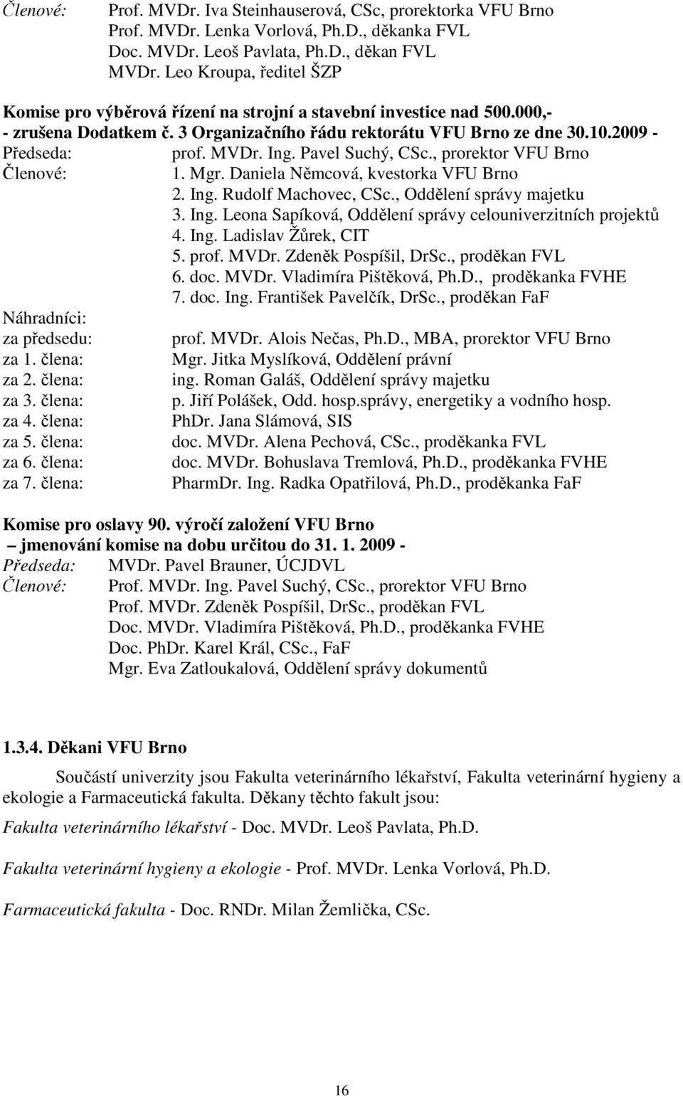 Ing. Pavel Suchý, CSc., prorektor VFU Brno Členové: 1. Mgr. Daniela Němcová, kvestorka VFU Brno 2. Ing. Rudolf Machovec, CSc., Oddělení správy majetku 3. Ing. Leona Sapíková, Oddělení správy celouniverzitních projektů 4.