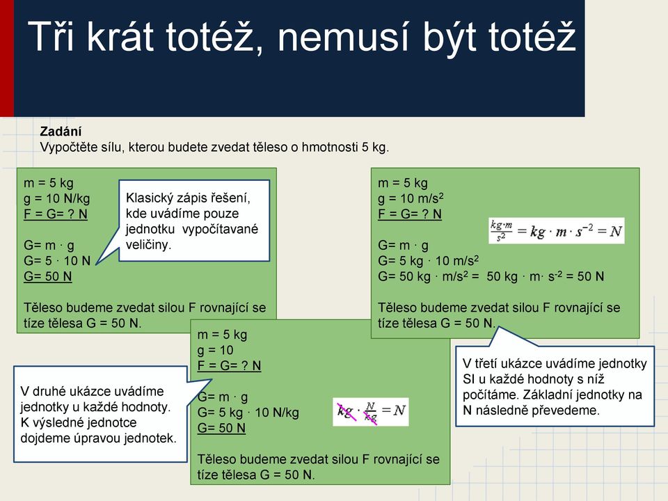 N G= m g G= 5 kg 10 m/s 2 G= 50 kg m/s 2 = 50 kg m s -2 = 50 N Těleso budeme zvedat silou F rovnající se tíze tělesa G = 50 N. m = 5 kg g = 10 F = G=?