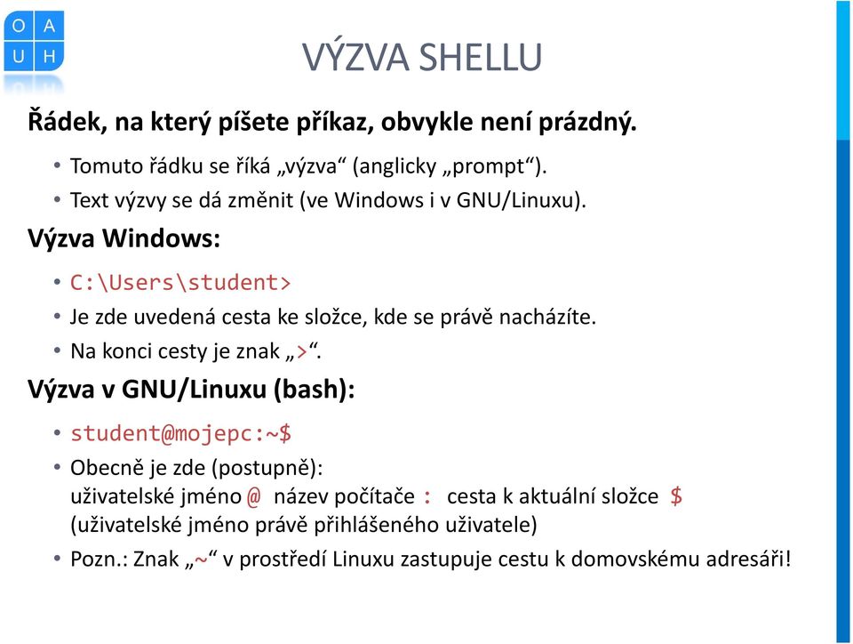 Výzva Windows: C:\Users\student> Je zde uvedená cesta ke složce, kde se právě nacházíte. Na konci cesty je znak >.