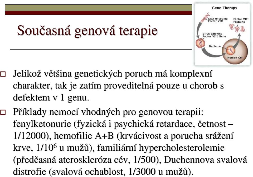 Příklady nemocí vhodných pro genovou terapii: fenylketonurie (fyzická i psychická retardace, četnost 1/12000),