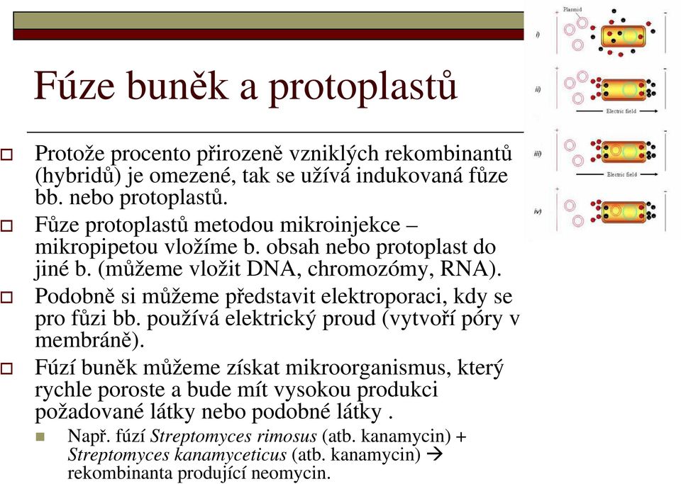 Podobně si můžeme představit elektroporaci, kdy se pro fůzi bb. používá elektrický proud (vytvoří póry v membráně).