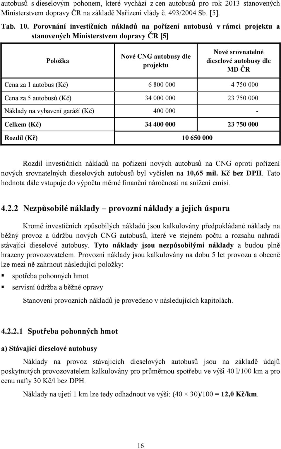 Cena za 1 autobus (Kč) 6 800 000 4 750 000 Cena za 5 autobusů (Kč) 34 000 000 23 750 000 Náklady na vybavení garáží (Kč) 400 000 - Celkem (Kč) 34 400 000 23 750 000 Rozdíl (Kč) 10 650 000 Rozdíl